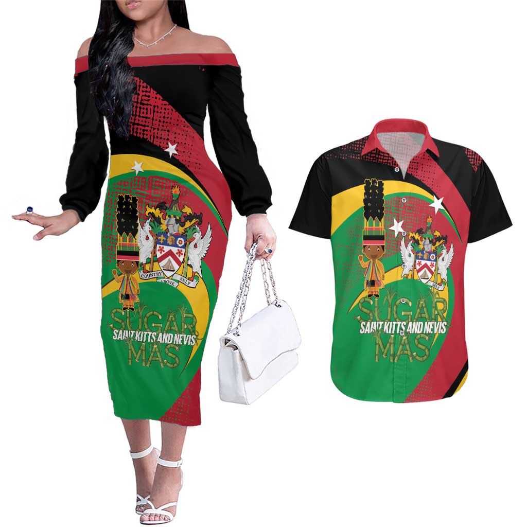 St Kitts and Nevis Sugar Mas Couples Matching Off The Shoulder Long Sleeve Dress and Hawaiian Shirt Caribbean Masquerade Flag Color - Wonder Print Shop