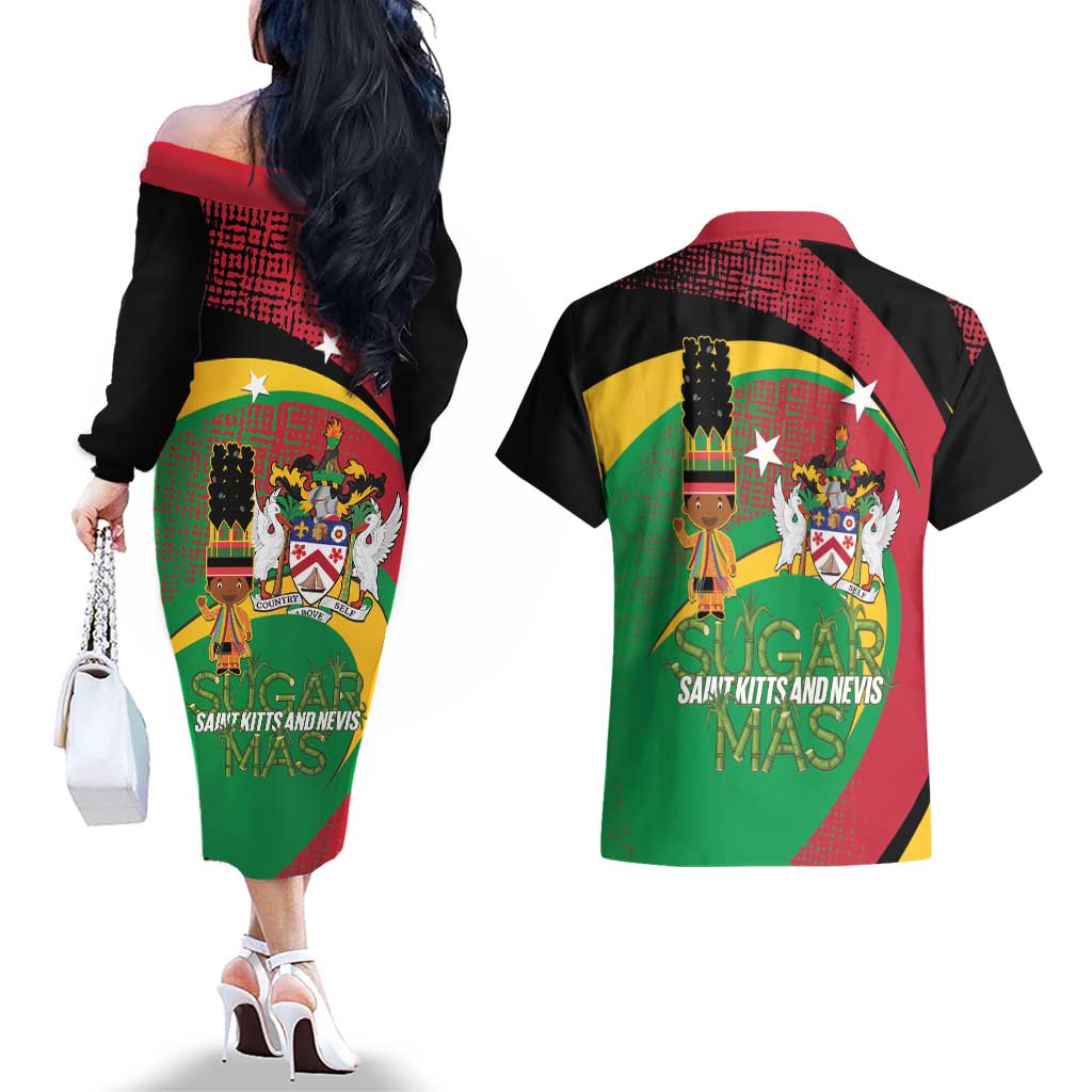St Kitts and Nevis Sugar Mas Couples Matching Off The Shoulder Long Sleeve Dress and Hawaiian Shirt Caribbean Masquerade Flag Color - Wonder Print Shop