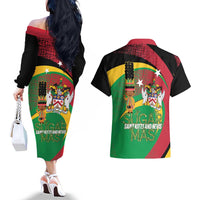 St Kitts and Nevis Sugar Mas Couples Matching Off The Shoulder Long Sleeve Dress and Hawaiian Shirt Caribbean Masquerade Flag Color - Wonder Print Shop
