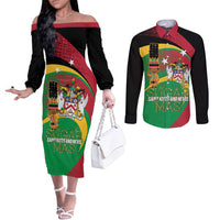St Kitts and Nevis Sugar Mas Couples Matching Off The Shoulder Long Sleeve Dress and Long Sleeve Button Shirt Caribbean Masquerade Flag Color - Wonder Print Shop