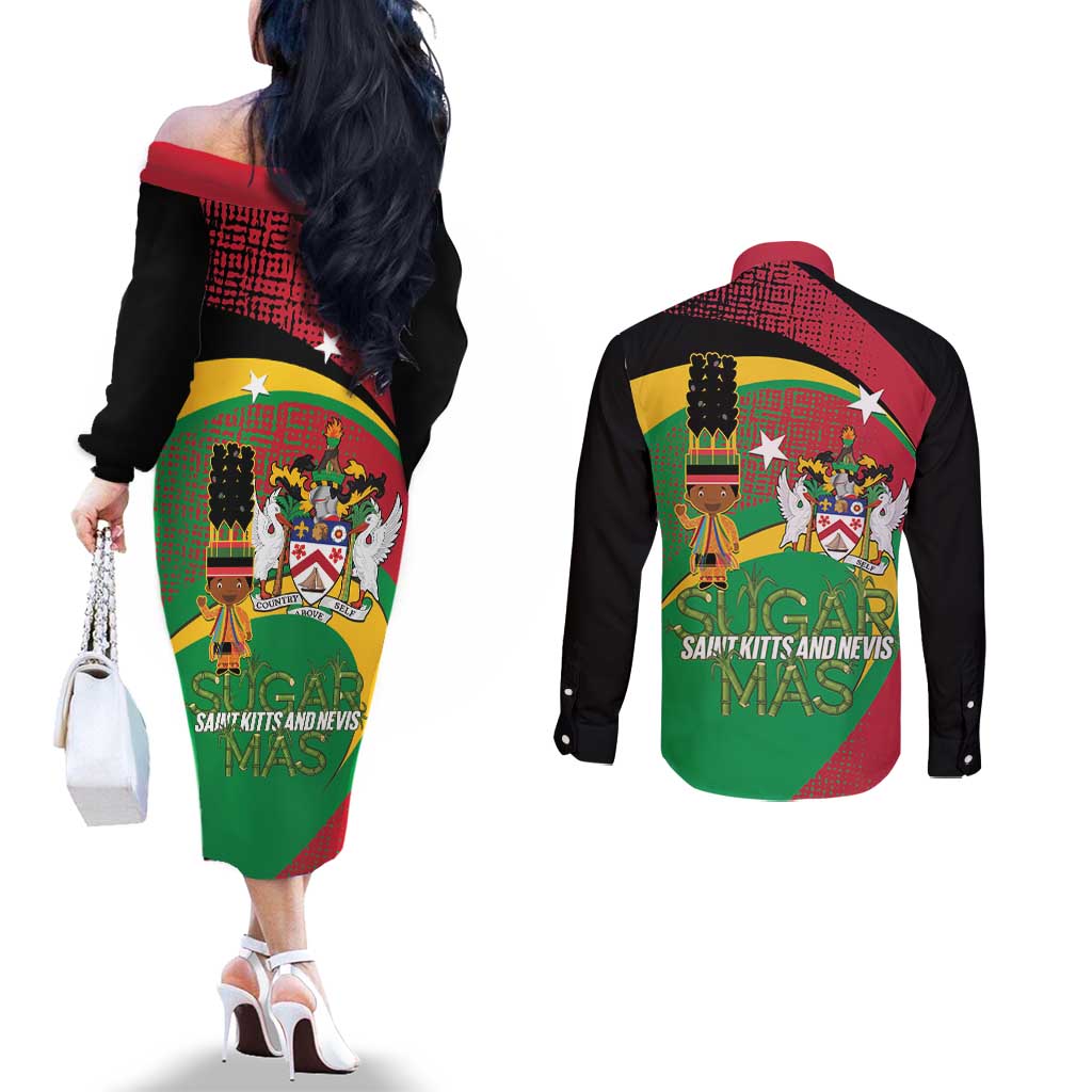 St Kitts and Nevis Sugar Mas Couples Matching Off The Shoulder Long Sleeve Dress and Long Sleeve Button Shirt Caribbean Masquerade Flag Color - Wonder Print Shop