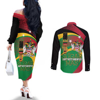 St Kitts and Nevis Sugar Mas Couples Matching Off The Shoulder Long Sleeve Dress and Long Sleeve Button Shirt Caribbean Masquerade Flag Color - Wonder Print Shop
