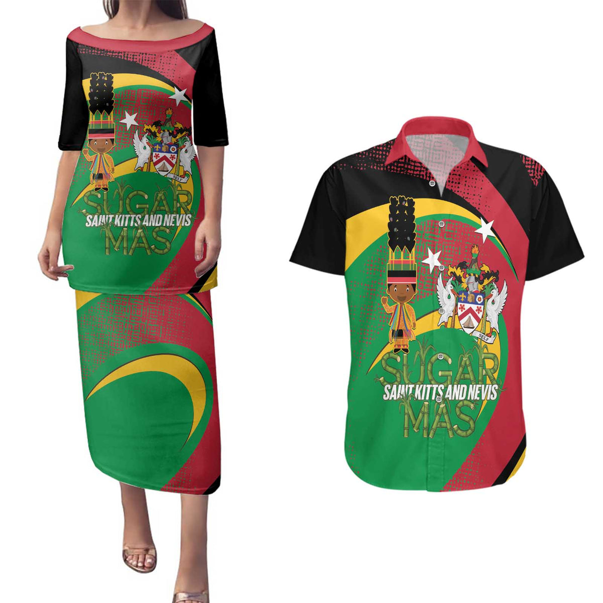 St Kitts and Nevis Sugar Mas Couples Matching Puletasi and Hawaiian Shirt Caribbean Masquerade Flag Color - Wonder Print Shop