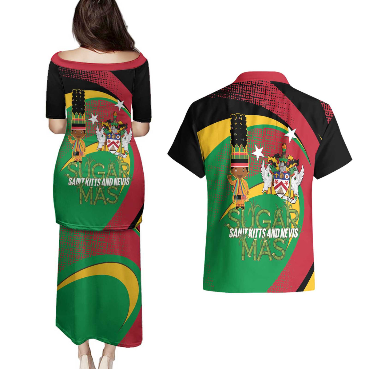 St Kitts and Nevis Sugar Mas Couples Matching Puletasi and Hawaiian Shirt Caribbean Masquerade Flag Color - Wonder Print Shop