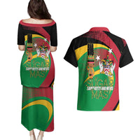 St Kitts and Nevis Sugar Mas Couples Matching Puletasi and Hawaiian Shirt Caribbean Masquerade Flag Color - Wonder Print Shop