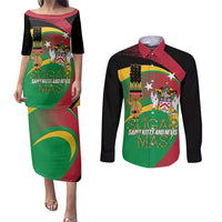 St Kitts and Nevis Sugar Mas Couples Matching Puletasi and Long Sleeve Button Shirt Caribbean Masquerade Flag Color - Wonder Print Shop