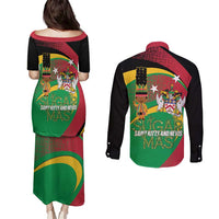 St Kitts and Nevis Sugar Mas Couples Matching Puletasi and Long Sleeve Button Shirt Caribbean Masquerade Flag Color - Wonder Print Shop