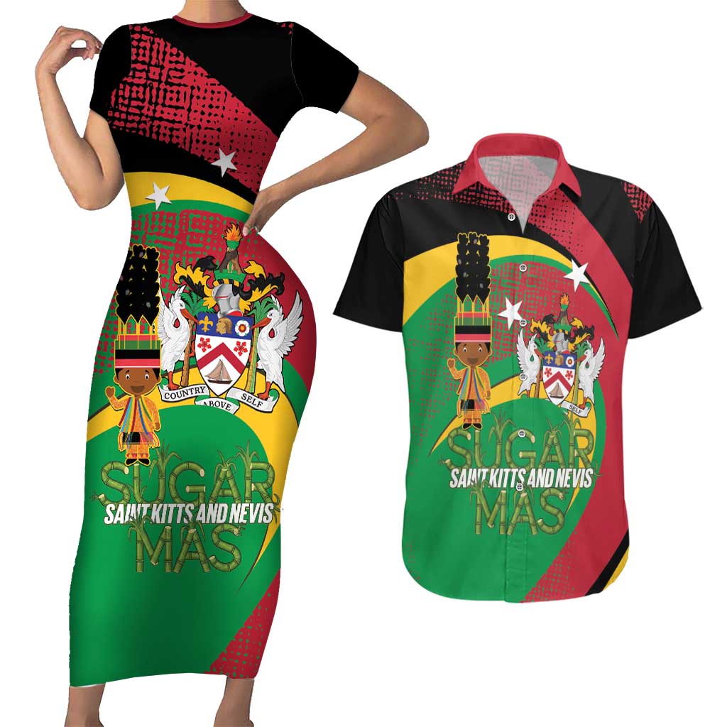 St Kitts and Nevis Sugar Mas Couples Matching Short Sleeve Bodycon Dress and Hawaiian Shirt Caribbean Masquerade Flag Color - Wonder Print Shop