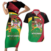 St Kitts and Nevis Sugar Mas Couples Matching Short Sleeve Bodycon Dress and Hawaiian Shirt Caribbean Masquerade Flag Color - Wonder Print Shop