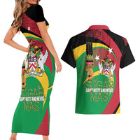 St Kitts and Nevis Sugar Mas Couples Matching Short Sleeve Bodycon Dress and Hawaiian Shirt Caribbean Masquerade Flag Color - Wonder Print Shop