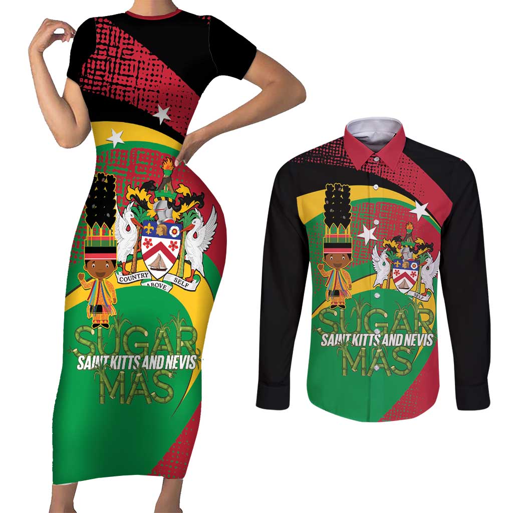 St Kitts and Nevis Sugar Mas Couples Matching Short Sleeve Bodycon Dress and Long Sleeve Button Shirt Caribbean Masquerade Flag Color - Wonder Print Shop