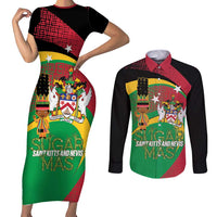 St Kitts and Nevis Sugar Mas Couples Matching Short Sleeve Bodycon Dress and Long Sleeve Button Shirt Caribbean Masquerade Flag Color - Wonder Print Shop