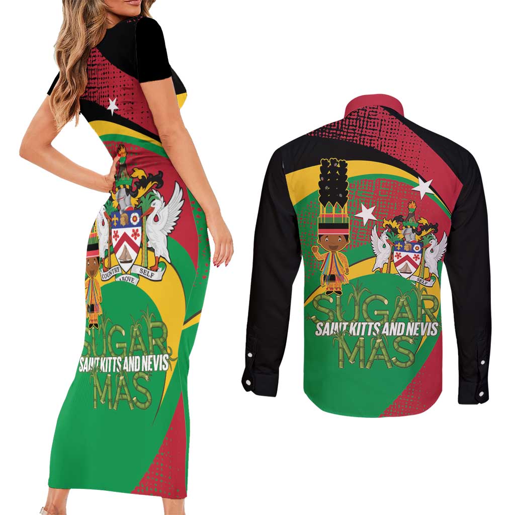 St Kitts and Nevis Sugar Mas Couples Matching Short Sleeve Bodycon Dress and Long Sleeve Button Shirt Caribbean Masquerade Flag Color - Wonder Print Shop