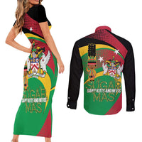 St Kitts and Nevis Sugar Mas Couples Matching Short Sleeve Bodycon Dress and Long Sleeve Button Shirt Caribbean Masquerade Flag Color - Wonder Print Shop