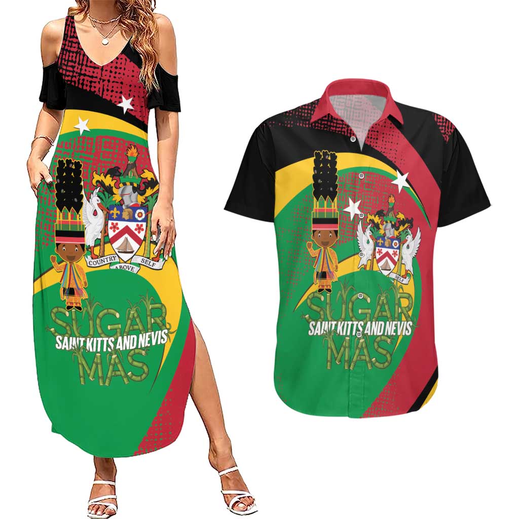St Kitts and Nevis Sugar Mas Couples Matching Summer Maxi Dress and Hawaiian Shirt Caribbean Masquerade Flag Color - Wonder Print Shop
