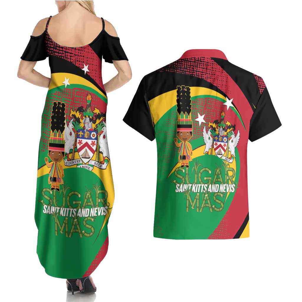 St Kitts and Nevis Sugar Mas Couples Matching Summer Maxi Dress and Hawaiian Shirt Caribbean Masquerade Flag Color - Wonder Print Shop
