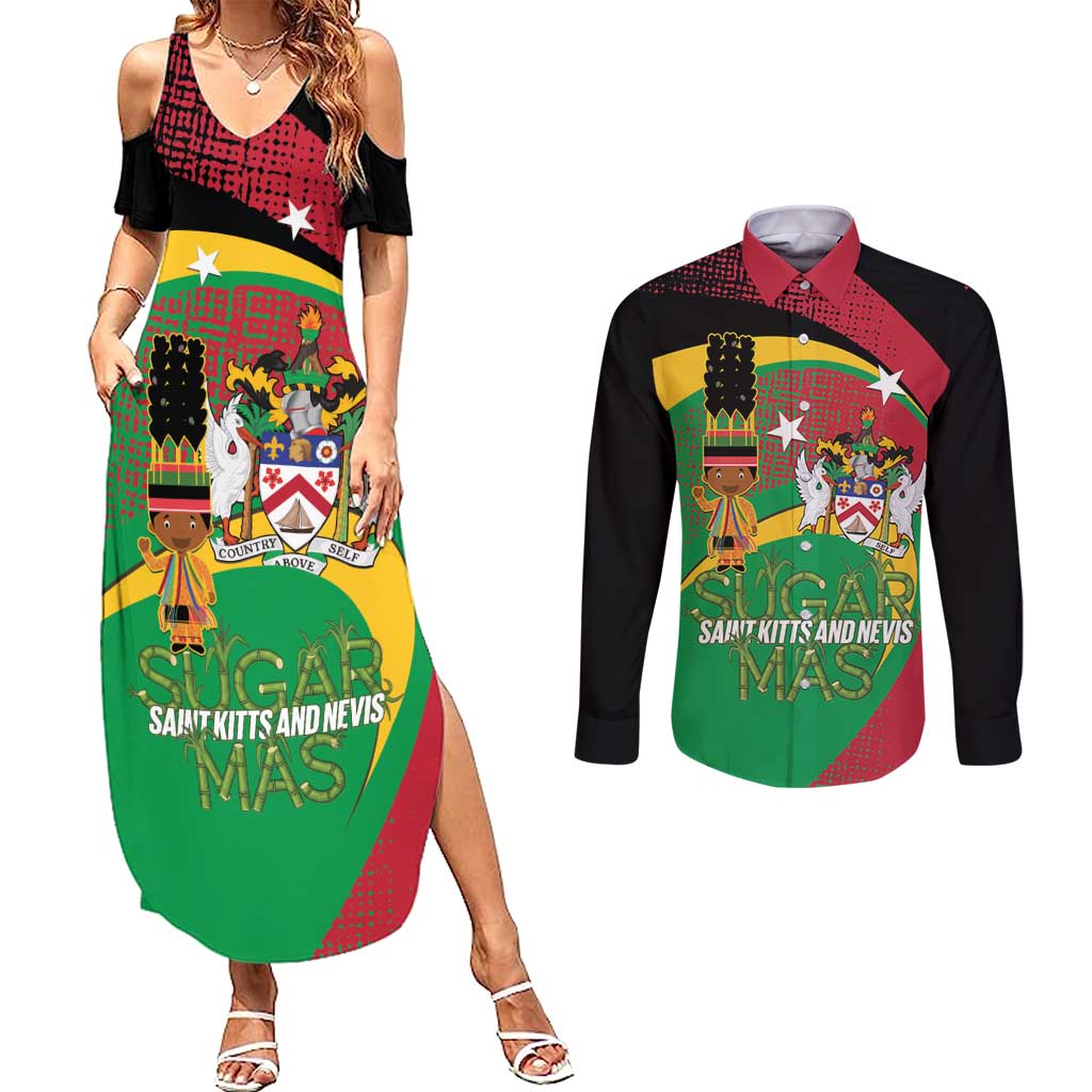St Kitts and Nevis Sugar Mas Couples Matching Summer Maxi Dress and Long Sleeve Button Shirt Caribbean Masquerade Flag Color - Wonder Print Shop