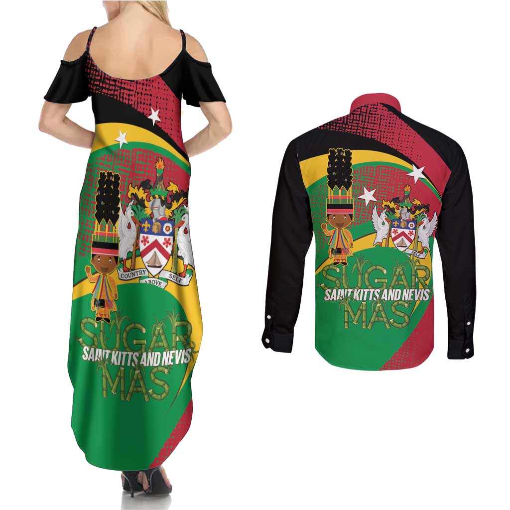 St Kitts and Nevis Sugar Mas Couples Matching Summer Maxi Dress and Long Sleeve Button Shirt Caribbean Masquerade Flag Color - Wonder Print Shop