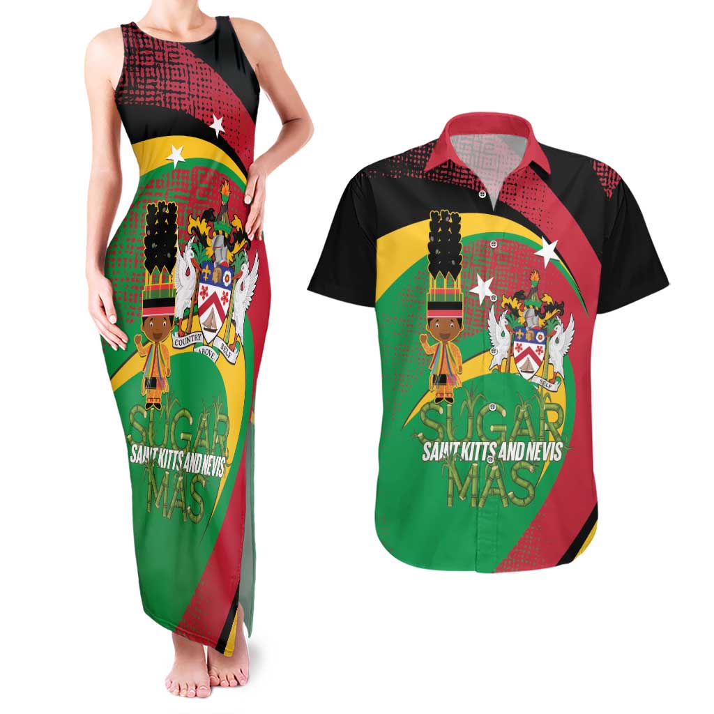 St Kitts and Nevis Sugar Mas Couples Matching Tank Maxi Dress and Hawaiian Shirt Caribbean Masquerade Flag Color - Wonder Print Shop