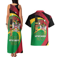 St Kitts and Nevis Sugar Mas Couples Matching Tank Maxi Dress and Hawaiian Shirt Caribbean Masquerade Flag Color - Wonder Print Shop