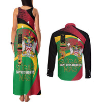 St Kitts and Nevis Sugar Mas Couples Matching Tank Maxi Dress and Long Sleeve Button Shirt Caribbean Masquerade Flag Color - Wonder Print Shop