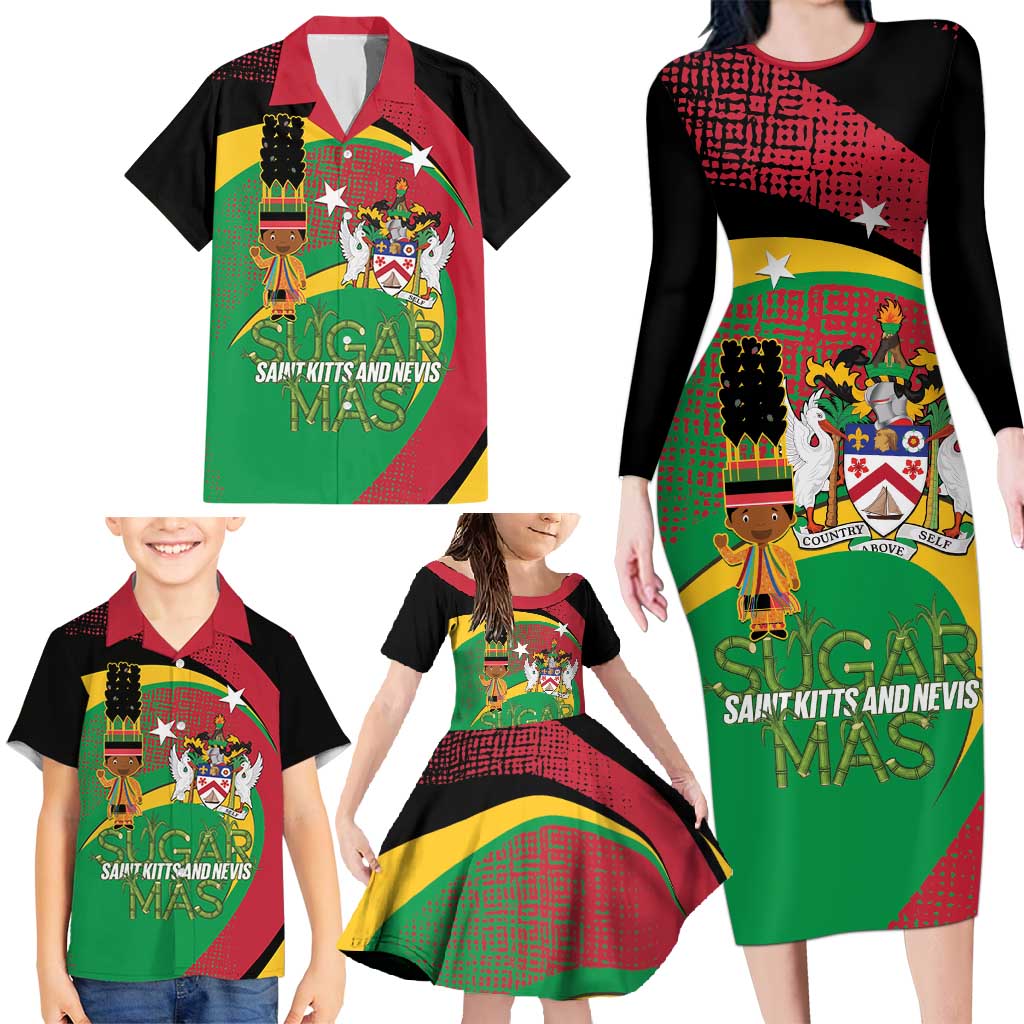 St Kitts and Nevis Sugar Mas Family Matching Long Sleeve Bodycon Dress and Hawaiian Shirt Caribbean Masquerade Flag Color - Wonder Print Shop