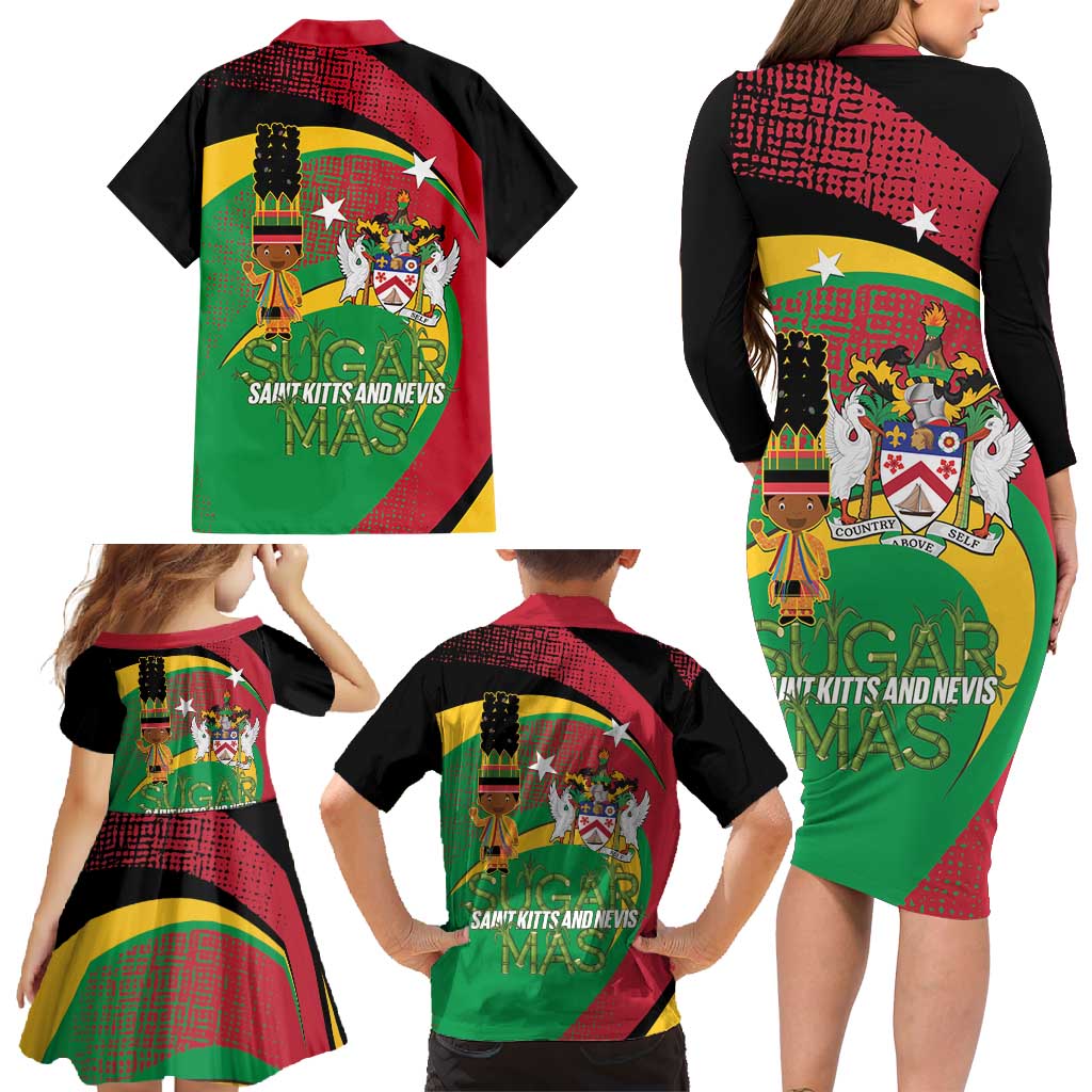 St Kitts and Nevis Sugar Mas Family Matching Long Sleeve Bodycon Dress and Hawaiian Shirt Caribbean Masquerade Flag Color - Wonder Print Shop