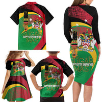 St Kitts and Nevis Sugar Mas Family Matching Long Sleeve Bodycon Dress and Hawaiian Shirt Caribbean Masquerade Flag Color - Wonder Print Shop