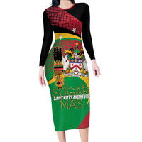 St Kitts and Nevis Sugar Mas Family Matching Long Sleeve Bodycon Dress and Hawaiian Shirt Caribbean Masquerade Flag Color - Wonder Print Shop
