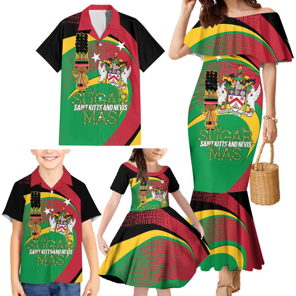 St Kitts and Nevis Sugar Mas Family Matching Mermaid Dress and Hawaiian Shirt Caribbean Masquerade Flag Color - Wonder Print Shop