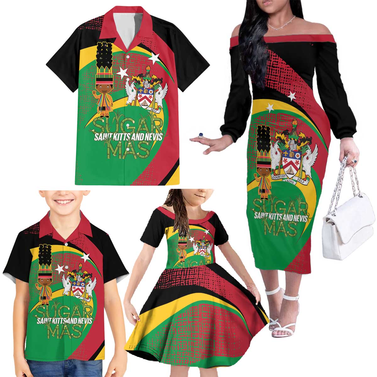 St Kitts and Nevis Sugar Mas Family Matching Off The Shoulder Long Sleeve Dress and Hawaiian Shirt Caribbean Masquerade Flag Color - Wonder Print Shop