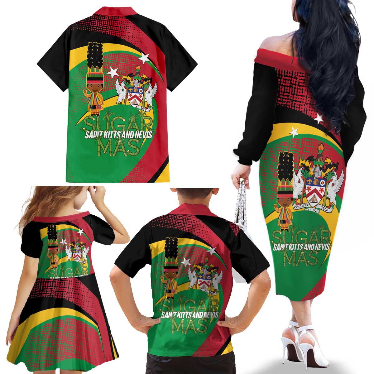St Kitts and Nevis Sugar Mas Family Matching Off The Shoulder Long Sleeve Dress and Hawaiian Shirt Caribbean Masquerade Flag Color - Wonder Print Shop