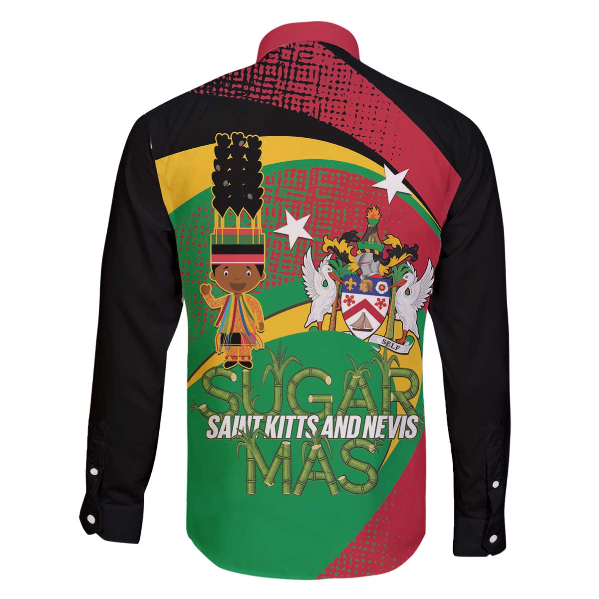 St Kitts and Nevis Sugar Mas Family Matching Off The Shoulder Long Sleeve Dress and Hawaiian Shirt Caribbean Masquerade Flag Color - Wonder Print Shop