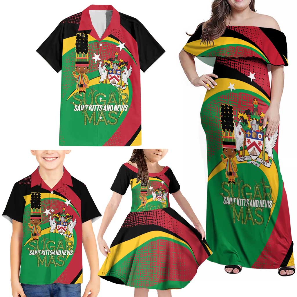 St Kitts and Nevis Sugar Mas Family Matching Off Shoulder Maxi Dress and Hawaiian Shirt Caribbean Masquerade Flag Color - Wonder Print Shop