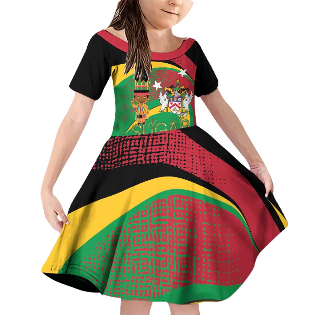 St Kitts and Nevis Sugar Mas Family Matching Off Shoulder Short Dress and Hawaiian Shirt Caribbean Masquerade Flag Color - Wonder Print Shop