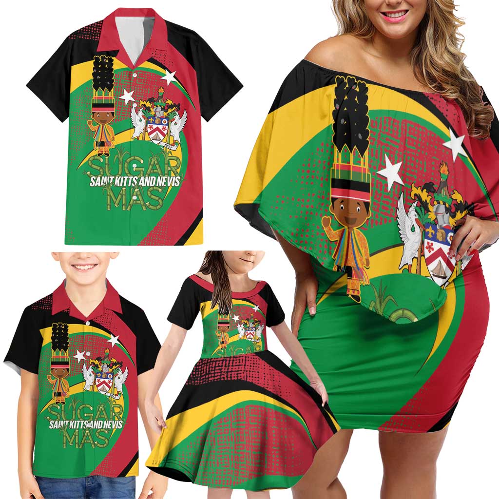 St Kitts and Nevis Sugar Mas Family Matching Off Shoulder Short Dress and Hawaiian Shirt Caribbean Masquerade Flag Color - Wonder Print Shop