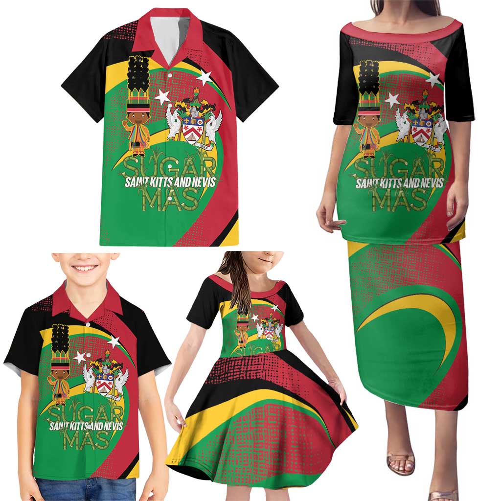 St Kitts and Nevis Sugar Mas Family Matching Puletasi and Hawaiian Shirt Caribbean Masquerade Flag Color - Wonder Print Shop