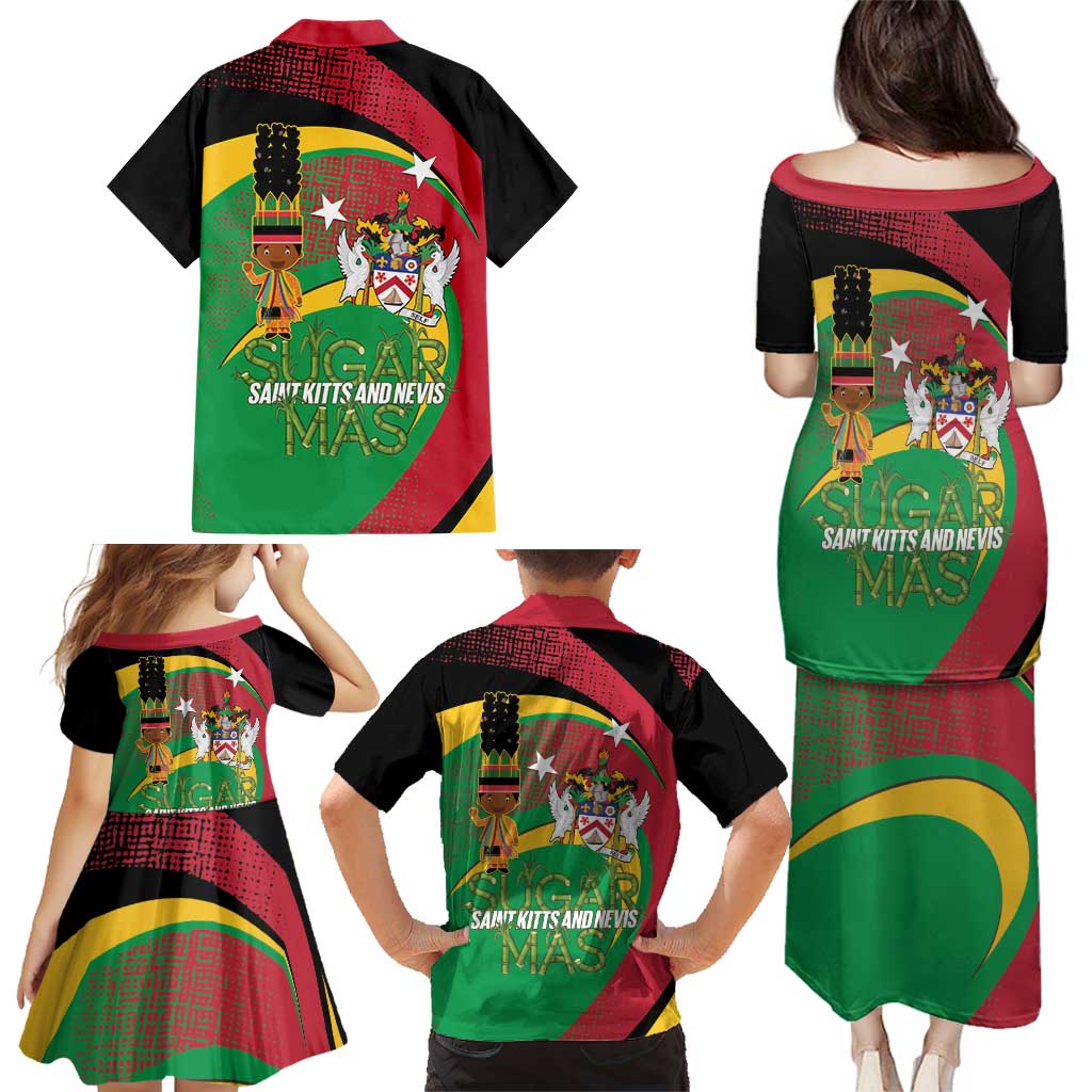 St Kitts and Nevis Sugar Mas Family Matching Puletasi and Hawaiian Shirt Caribbean Masquerade Flag Color - Wonder Print Shop