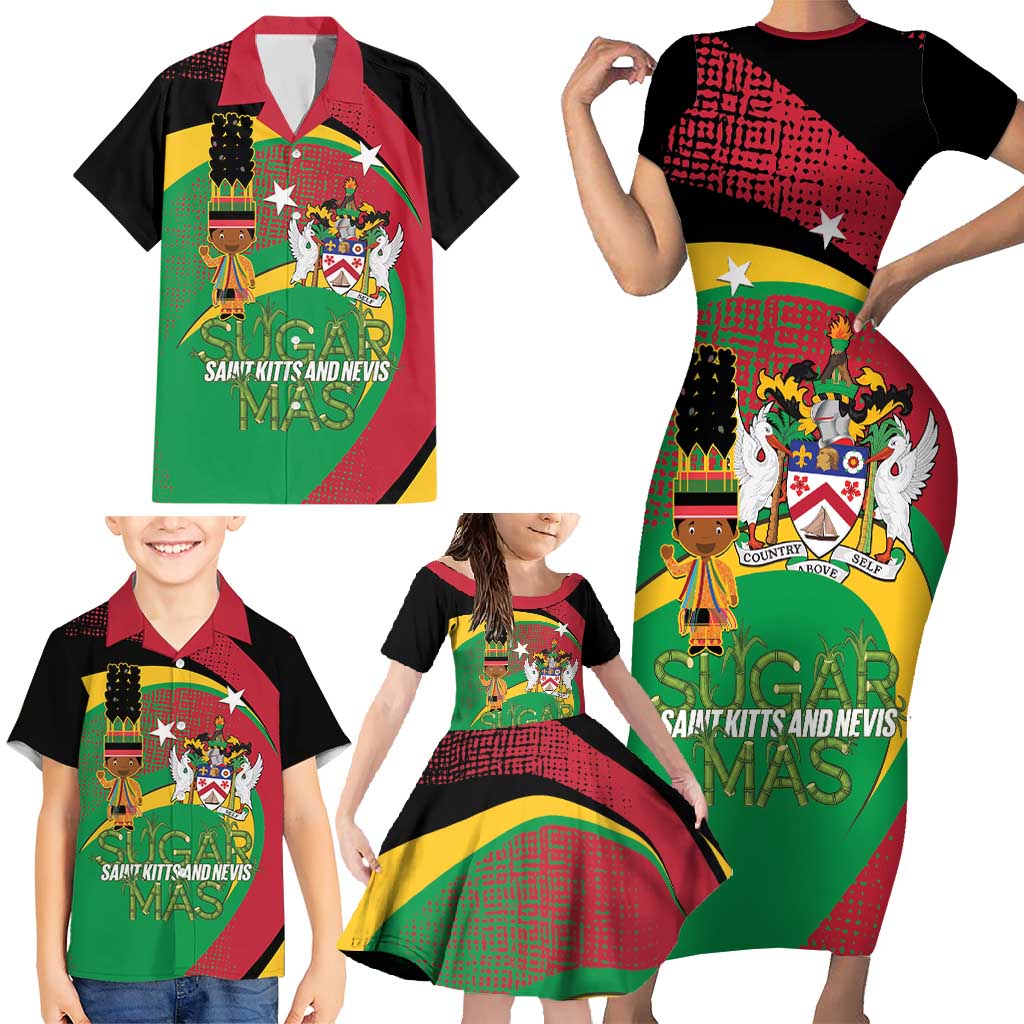 St Kitts and Nevis Sugar Mas Family Matching Short Sleeve Bodycon Dress and Hawaiian Shirt Caribbean Masquerade Flag Color - Wonder Print Shop