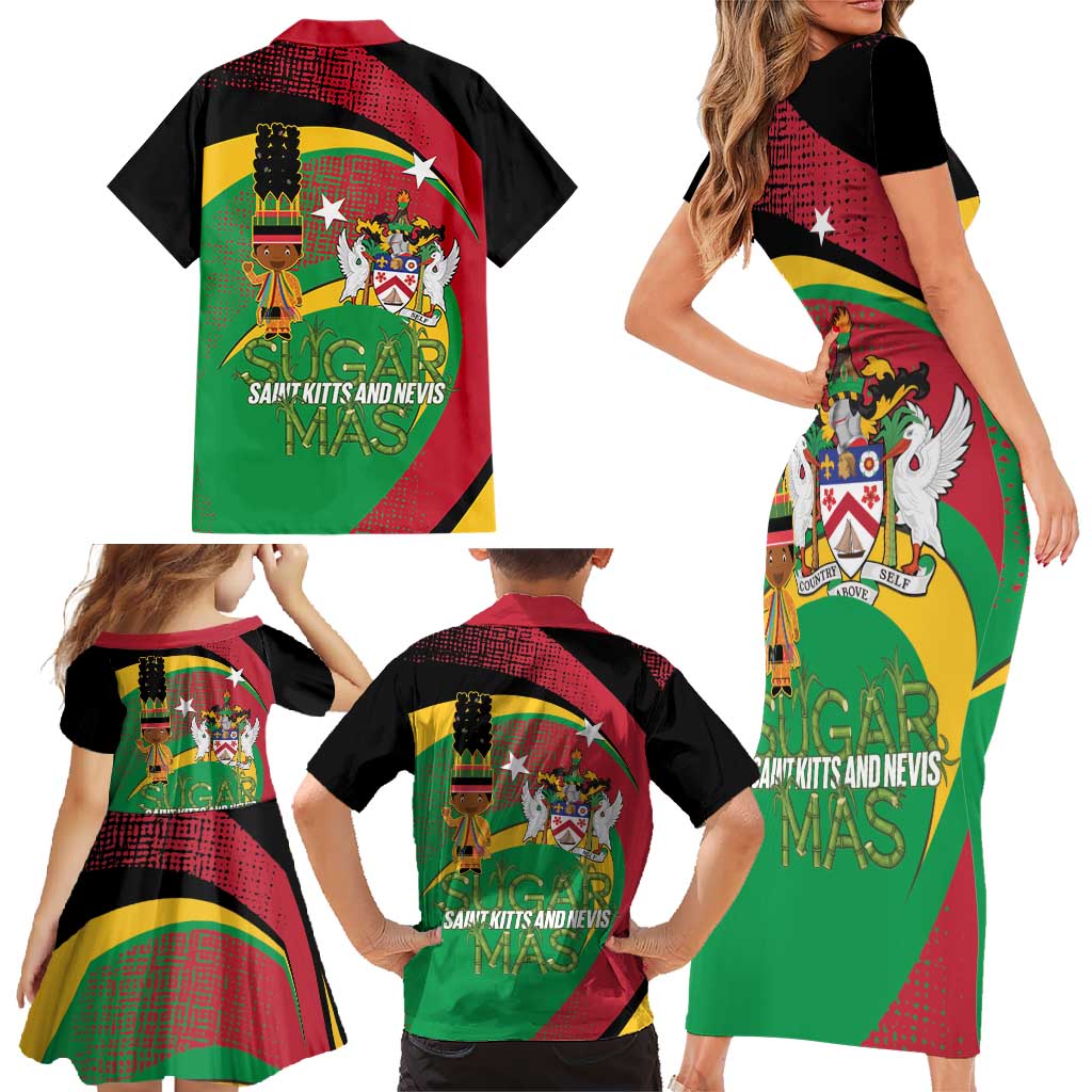 St Kitts and Nevis Sugar Mas Family Matching Short Sleeve Bodycon Dress and Hawaiian Shirt Caribbean Masquerade Flag Color - Wonder Print Shop