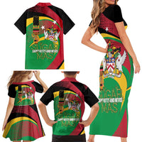 St Kitts and Nevis Sugar Mas Family Matching Short Sleeve Bodycon Dress and Hawaiian Shirt Caribbean Masquerade Flag Color - Wonder Print Shop