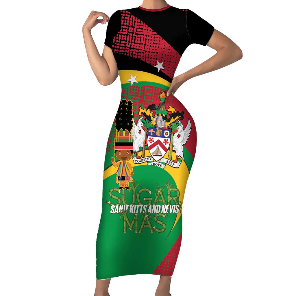 St Kitts and Nevis Sugar Mas Family Matching Short Sleeve Bodycon Dress and Hawaiian Shirt Caribbean Masquerade Flag Color - Wonder Print Shop