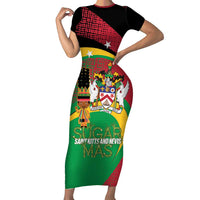 St Kitts and Nevis Sugar Mas Family Matching Short Sleeve Bodycon Dress and Hawaiian Shirt Caribbean Masquerade Flag Color - Wonder Print Shop