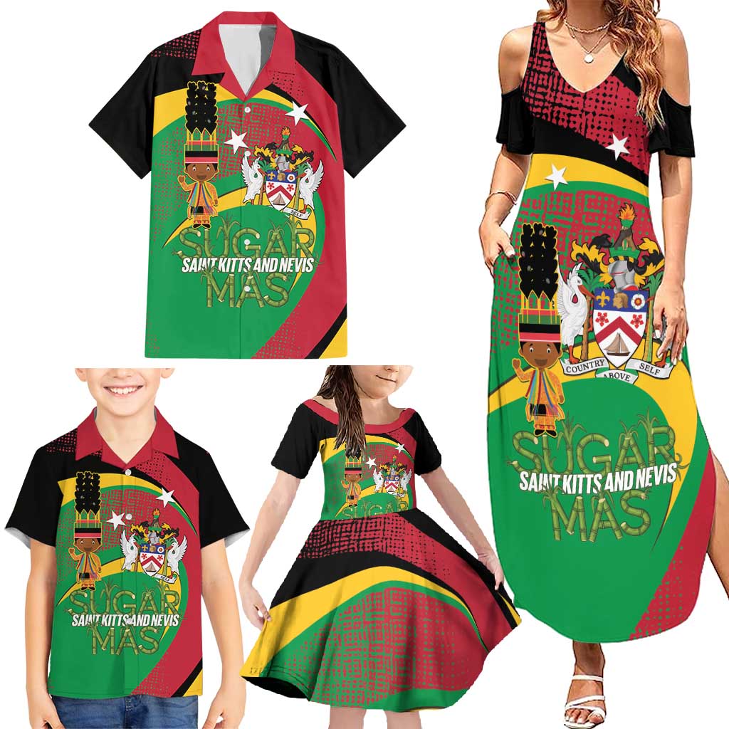 St Kitts and Nevis Sugar Mas Family Matching Summer Maxi Dress and Hawaiian Shirt Caribbean Masquerade Flag Color - Wonder Print Shop