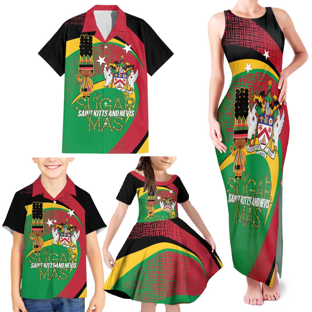 St Kitts and Nevis Sugar Mas Family Matching Tank Maxi Dress and Hawaiian Shirt Caribbean Masquerade Flag Color - Wonder Print Shop