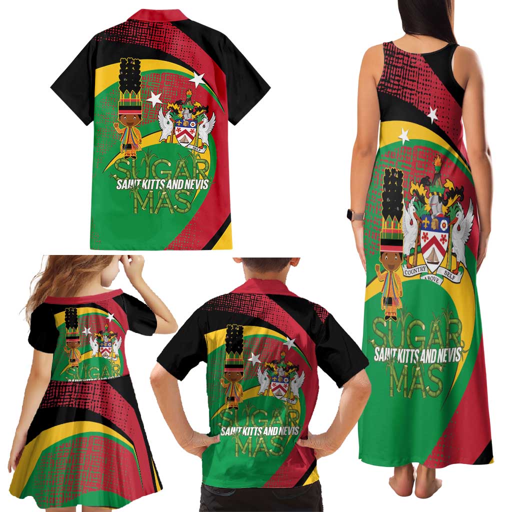 St Kitts and Nevis Sugar Mas Family Matching Tank Maxi Dress and Hawaiian Shirt Caribbean Masquerade Flag Color - Wonder Print Shop
