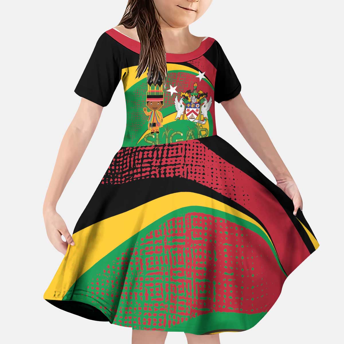 St Kitts and Nevis Sugar Mas Kid Short Sleeve Dress Caribbean Masquerade Flag Color - Wonder Print Shop