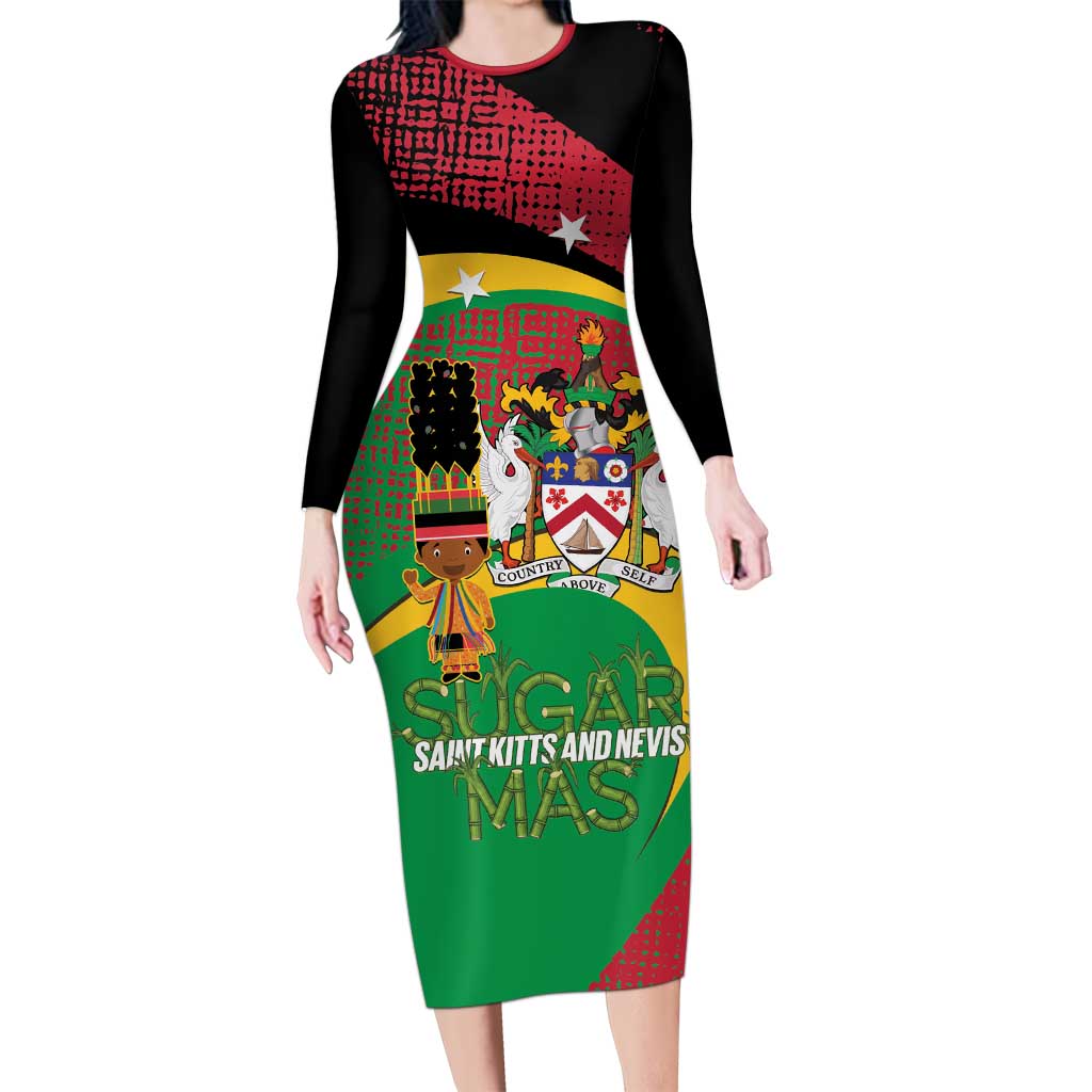 St Kitts and Nevis Sugar Mas Long Sleeve Bodycon Dress Caribbean Masquerade Flag Color - Wonder Print Shop