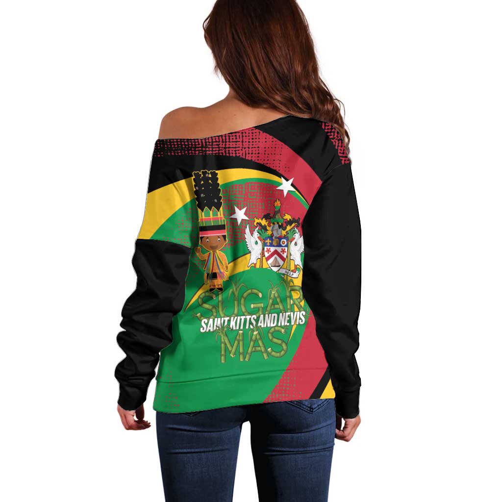 St Kitts and Nevis Sugar Mas Off Shoulder Sweater Caribbean Masquerade Flag Color - Wonder Print Shop