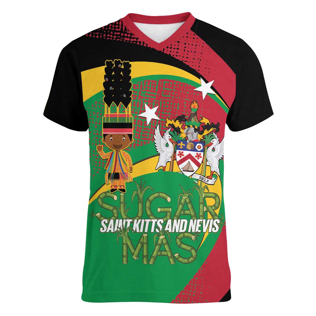 St Kitts and Nevis Sugar Mas Women V-Neck T-Shirt Caribbean Masquerade Flag Color - Wonder Print Shop